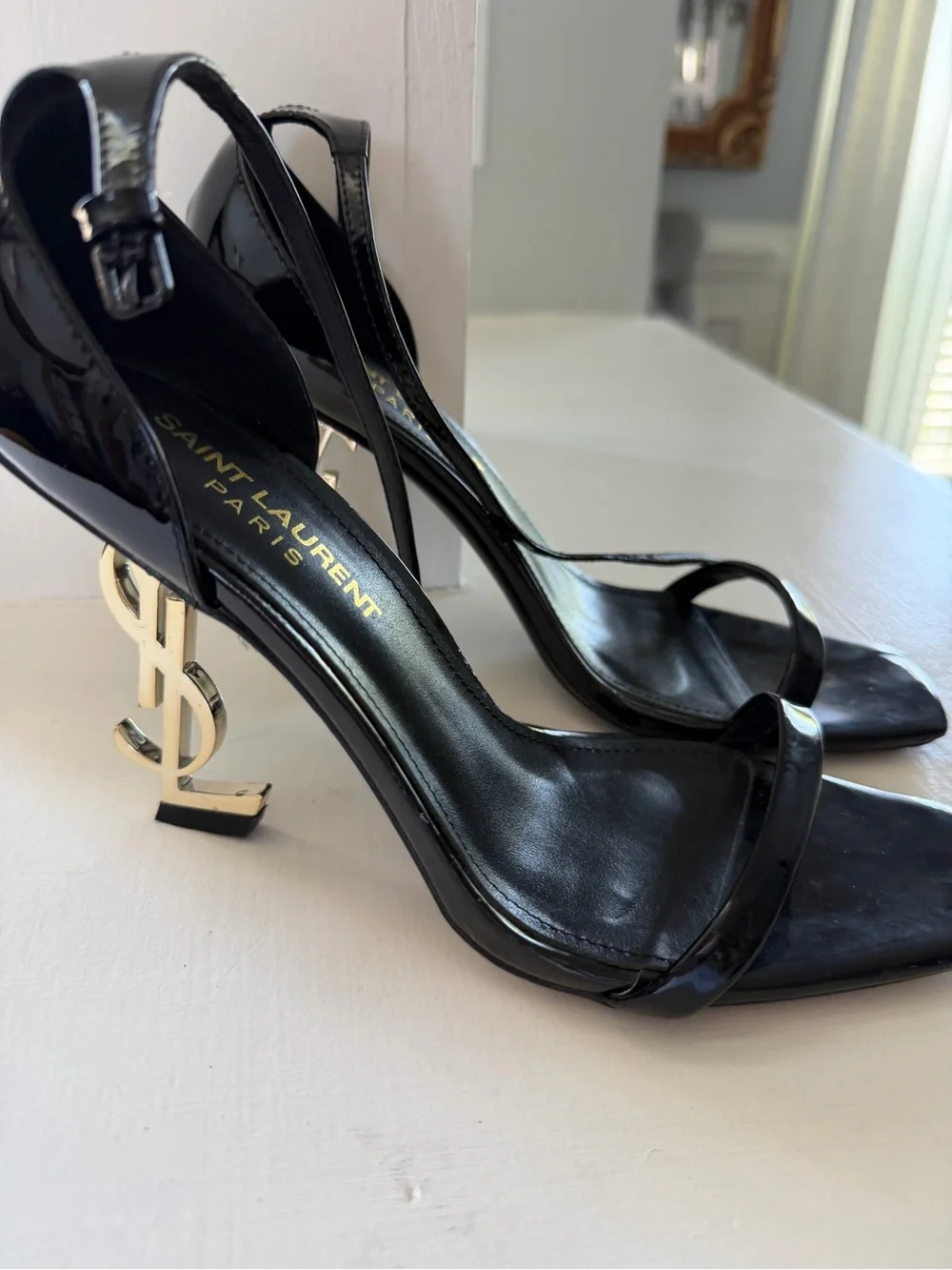 Saint Laurent Black Patent Leather Heeled Sandals with Gold YSL Heel - Picture 2 of 5